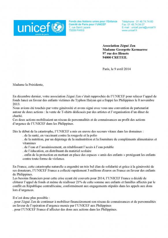 Lettre de l'Unicef à Zégué Zen